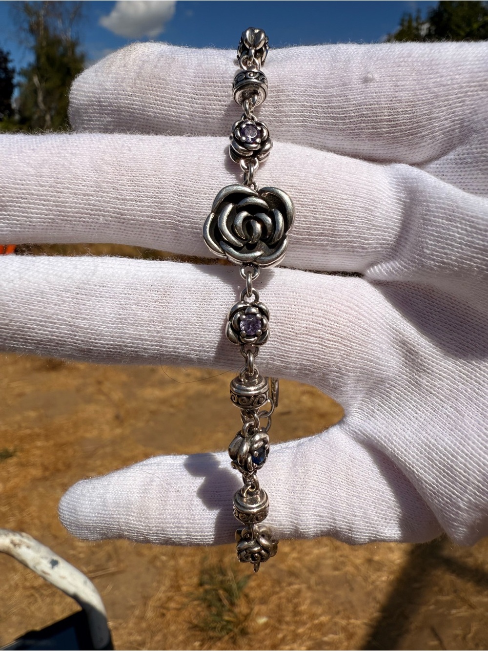 Silver Floral Link Bracelet with Purple & Blue Gemstones!